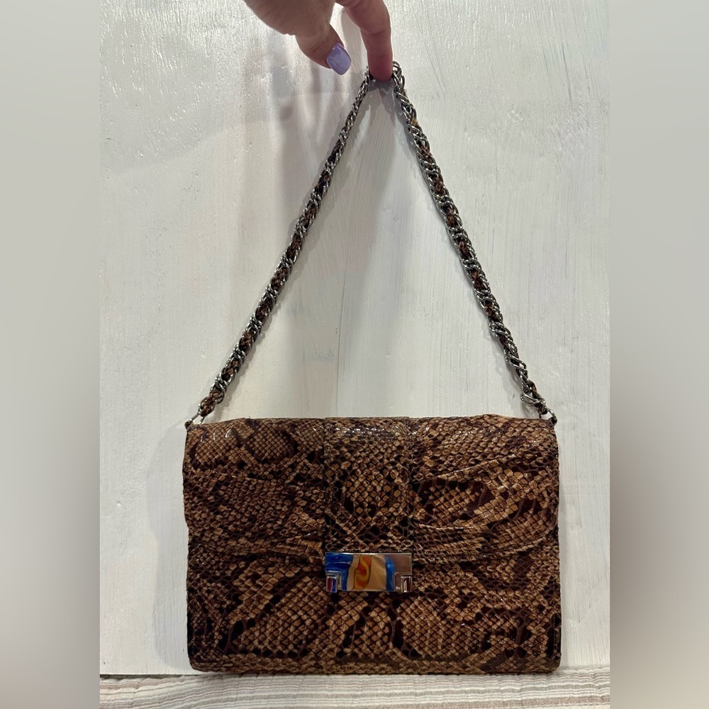 Jessica McClintock Faux Snakeskin Evening Clutch Shoulder Bag Chain Strap - Picture 2 of 10